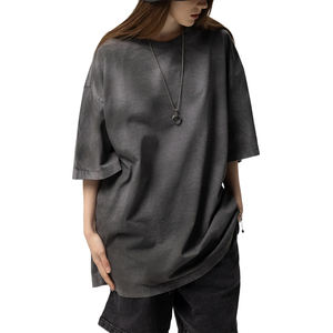 T-shirt vintage rétro pour femmes et jeunes filles, robe courte en jersey tendance, teinture inversée, effet délavé, épaules tombantes, printemps-été, modèle uni - Product Image 6