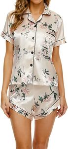 Conjunto de pijamas de satén floral para mujer, manga corta, botones en la parte delantera, cuello vuelto, ropa de dormir elegante, pantalones cortos de verano, 2 piezas - Product Image 2