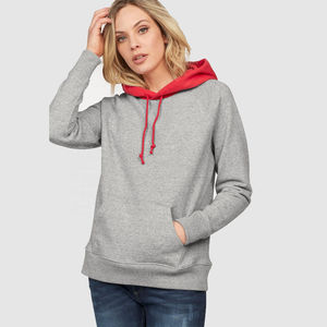 Sweat-shirt à capuche en polaire gris et rouge contrastant pour femme, à manches longues, avec poche kangourou, vêtements en gros OEM ODM - Product Image 5