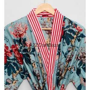 Vente en gros de kimonos 100% coton, fabricant de kimonos en coton imprimés à la main, vêtements pour femmes, robe kimono longue de créateur - Product Image 4