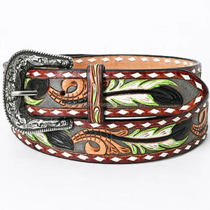 Cinturón de moda occidental de cuero genuino tallado a mano con cinturón de cuero tallado en relieve floral colorido para unisex - Product Image 4