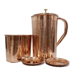 Carafe à eau en cuivre avec motif oriental gravé, deux verres et couvercles, vaisselle traditionnelle chinoise pour la maison - Product Image 1