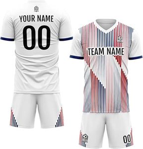 Conjunto de Camiseta de Fútbol Personalizada para Hombre, Blanca con Rayas Rojas y Azules, Cuello en V, Sublimada, Manga Corta, Transpirable, para Todas las Temporadas, Corte Regular - Product Image 3