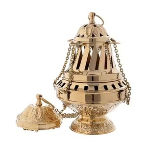 Brass Incense <b>Burner</b> Gold Finish Hand-Made Religious Decorative Design With Cross Top And Chain Handle Thrubile - Product Image 3