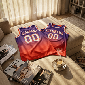 Camiseta de Baloncesto Sublimada Personalizada, Degradado Morado y Naranja, Sin Mangas, Unisex, para Adultos, Transpirable, de Malla, con Nombre del Equipo - Product Image 5