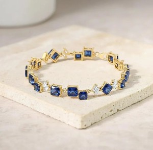 Pulsera con Dije de Zafiro Azul Cultivado en Laboratorio, Corte Princesa, para Mujer, Plata de Ley 925, Chapada en Oro, Joyería Fina Elegante, Regalo - Product Image 3