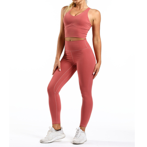 Women Yoga Set Pink Seamless Racerback <b>Crop</b> <b>Top</b> High Waist Full Length Leggings 2 Piece Activewear Set - Product Image 6