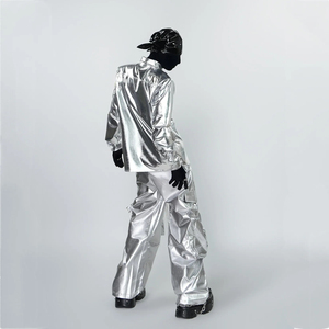 Camisa de Manga Larga con Cuello Camisero para Hombre, Estilo Punk Techwear Plateado Líquido, para Actuaciones en Clubes Nocturnos - Product Image 6