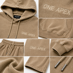 Ensemble de survêtement premium pour homme ONE APEX, coupe régulière, 100 % coton respirant, couleur beige sable, avec sweat à capuche et pantalon large épais - Product Image 6