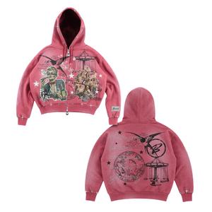 Sweat à capuche en molleton French Terry, coupe ample, entièrement personnalisé, rouge rose vintage, avec fermeture éclair, clous en strass et cristaux, imprimé graphique DTG - Product Image 1