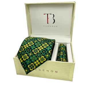 Conjunto de Corbata y Pañuelo de Bolsillo de Seda con Diseño Floral Verde y Amarillo para Hombre, Marca Benon |   Corbata de Jacquard de Diseño Premium para Regalo Formal, de Boda o de Negocios - Product Image 1