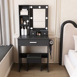Toeletta Compatta in Stile Europeo con Specchio a Luci LED Regolabili, Presa di Corrente e Supporto per Asciugacapelli, Sgabello per Spazi Ridotti - Product Image 2