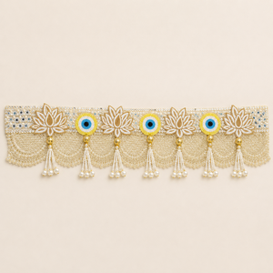 Décoration de porte artisanale Lotus Evil Eye Bandhanwar Toran avec pompon de perles et dentelle dorée pour mariage et fêtes, décoration de la maison - Product Image 1