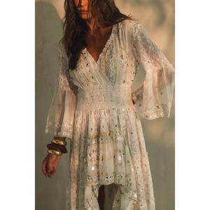 Women White Boho Embroidered High Low Eco-Friendly 100% Cotton Long Sleeve <b>Sequin</b> Party Beach Maxi Dress - Product Image 2