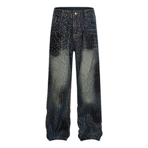 Pantalon en jean pour homme, coupe droite, rayé, personnalisé, style streetwear, avec strass, de haute qualité, délavé à l'acide - Product Image 6
