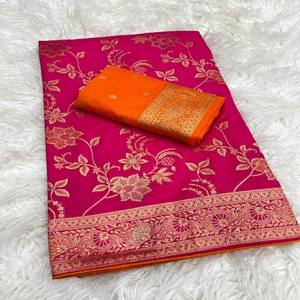 VASTRA COTTAGE Sari de seda Rangoli de alta calidad con bordado de hilo Zari y blusa bordada a juego en contraste para mujer - Product Image 6