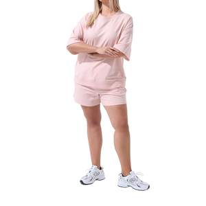 Ensemble short 2 pièces pour femme, col rond, manches courtes, couleur unie, tricoté, respirant, coupe ample, au-dessus du genou, avec poche - Product Image 3