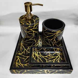 Colección de Accesorios de Baño de Resina Ikat Azul Sofisticado con Acabado Dorado, Estilo Lujoso para Baño, 4 Piezas - Product Image 5