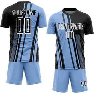 Conjunto de Uniforme Deportivo Personalizado Sublimado para Fútbol, Azul Claro con Rayas Negras, Absorbente de Humedad, Manga Corta, Cuello Redondo, para Hombre - Product Image 3