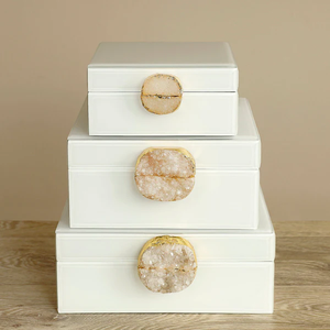 <b>White</b> Glass Jewelry Storage Box <b>Set</b> with Natural Druzy Stone Knob Glossy Finish Decorative Keepsake and Vanity Organizer - Product Image 1
