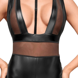 Women's Black PU Leather Bodysuit See Through Hollow Out Sexy Lingerie One Piece Sleeveless High Neck - Product Image 5