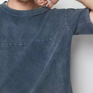 T-shirt à manches courtes en coton vintage, coupe classique, 280 g/m², col côtelé, délavage acide, style streetwear pour homme, poignets bruts, respirant, séchage rapide - Product Image 4