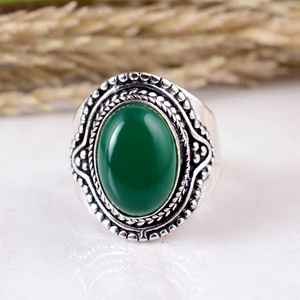Anillo de Plata de Ley 925 con Ónix Verde, Hecho a Mano, Estilo Bohemio Vintage, con Cuentas y Hojas, Joyería de Boda con Piedras Preciosas para Unisex - Product Image 1