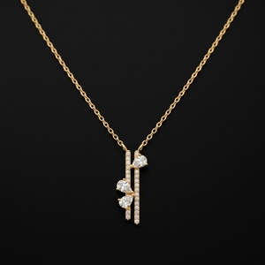 10K 14K 18K Yellow Gold Linear Bar Pendant <b>Necklace</b> Featuring Shimmering Round Cut and Asymmetrical Pear Cut Lab Grown Diamonds - Product Image 1