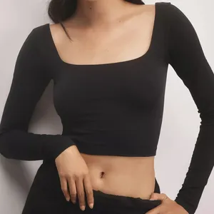 Women Long Sleeve <b>Crop</b> <b>Top</b> Black Knitted Spandex Polyester Slim Fit Casual O-Neck Solid Color Breathable - Product Image 5