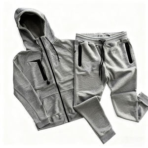 Ensemble de survêtement personnalisé de haute qualité pour homme, veste à capuche décontractée grise style streetwear avec cordon de serrage et pantalon de survêtement, logo personnalisable - Product Image 1