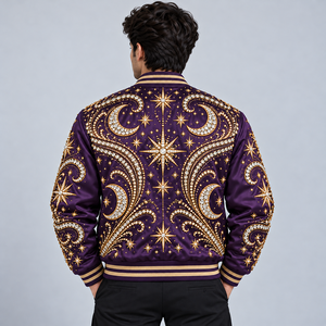 Veste en satin pour homme avec strass, veste bomber luxueuse ornée de cristaux brillants, vêtements de rue élégants, vêtements de soirée - Product Image 4