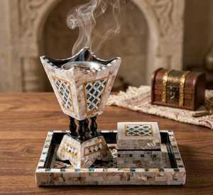 Premium Eco-friendly Arabic Mabkhara Oud <b>Incense</b> Burner Mother Pearl Inlay Set Tray <b>Box</b> for Religious Majlis Ramadan Eid - Product Image 3