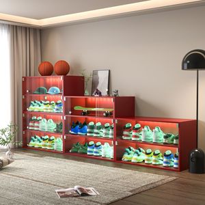RGB LED Light Shoe Storage Cabinet Single Living Room Pet <b>Material</b> PP Shoe Organizer Flexible Design <b>Red</b> Glass Door for Sneakers - Product Image 4