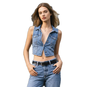 Chaleco vaquero de mujer con cuello en V, sin mangas, de un solo botón, estilo vintage, a la moda, nuevo para verano, con efecto desgastado, venta al por mayor para boutiques. - Product Image 1