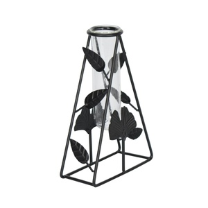 Vase de table industriel en fer avec tube en verre, hauteur 20 cm, motif feuille noire, support décoratif pour fleurs - Product Image 3