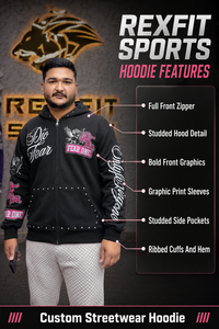 Sudadera con capucha negra personalizada para hombre, con cremallera completa, estampado gráfico con tachuelas, estilo urbano, extragrande, fabricada por OEM - Product Image 6