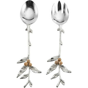 Ensemble de serveurs à salade élégants à deux tons avec motif feuille, en laiton et acier inoxydable, manche en bois de cerf, ustensiles de cuisine uniques, cadeau de mariage - Product Image 5