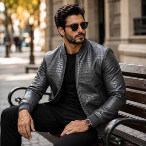 Finished Embossed for Leather <b>Bomber</b> <b>Jacket</b> for <b>Men</b>-Customizable Design & Color Breathable Zipper Closure <b>Summer</b> Casual - Product Image 2