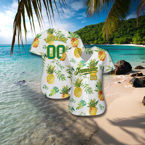 Ensemble de vêtements de basketball unisexe personnalisable pour adultes, blanc, vert-or, motif d'ananas hawaïen 3D, style maillot de baseball, personnalisable - Product Image 1