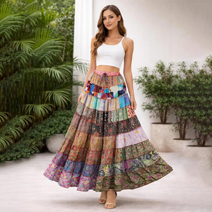 Wholesale BohemianTiered <b>Patchwork</b> women's casual <b>skirts</b> Ankle-Length Colorful silk <b>skirt</b> Smooth comfortable pleated <b>skirt</b> - Product Image 1