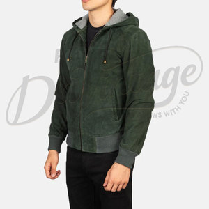 Veste bomber à capuche en daim vert olive pour homme, coupe slim, décontractée, zippée, en daim véritable, douce, tendance, vêtement d'extérieur - Product Image 5