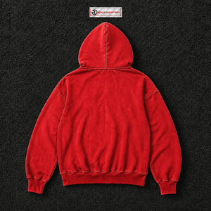 Sudadera con capucha roja lavada de gran tamaño con cremallera completa, estilo vintage streetwear, corte holgado, con bolsillos delanteros dobles con parche. - Product Image 6