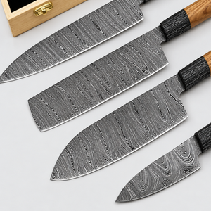 Ensemble de 4 couteaux de cuisine à motif Damas, lames gris argenté, manches en bois brun avec embouts noirs et boîte de rangement en bois - Product Image 2