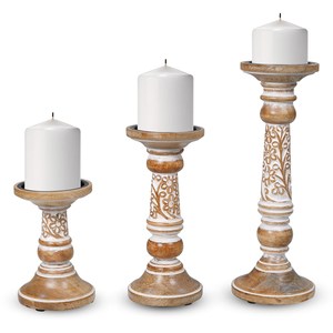 Juego de 3 Portavelas de Madera de Mango Tallada a Mano, Acabado Blanqueado, Soportes Decorativos para Velas de Estilo Boho - Product Image 2