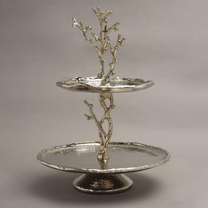 Stunning Two-Tier Silver Cake Stand Featuring Textured Trays And A Unique Coral Branch Style Central Pillar & Handle <b>For</b> Serving - Product Image 2