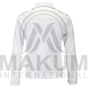เสื้อแจ็คเก็ตมอเตอร์ไซค์ผู้ชายสีขาว หนัง PU ทรงเข้ารูป ปกคอพับ ปิดด้วยซิป ความยาวปกติ สีพื้น สไตล์ไบค์เกอร์ - Product Image 4