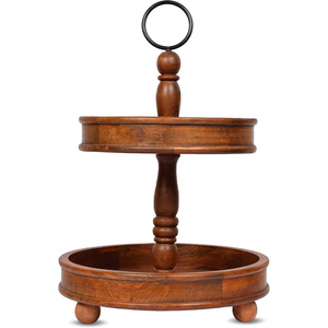 Fancy Wooden 2 Tier Cake Stand Elegant Mango Wood Dessert Display Server Vintage Cupcake Holder & Fruit Serving Tray For Wedding - Product Image 4