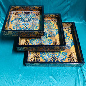 Designer indien Floral rond imprimé émail plateau de service vaisselle fête de mariage désert plateau de service plateaux en bois de luxe - Product Image 1