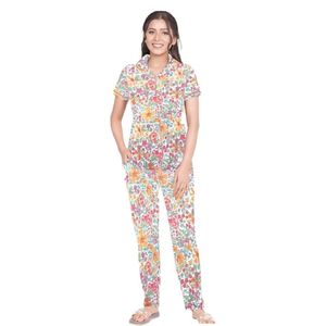 Conjunto de pijama estampado de algodón transpirable para mujer, conjunto de pantalones de pijama y top de media manga con cuello redondo - Product Image 1
