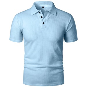 Men's Short Sleeve <b>Waffle</b> Knitted Polo <b>Shirt</b> Solid Color Casual Style Light Blue - Product Image 1